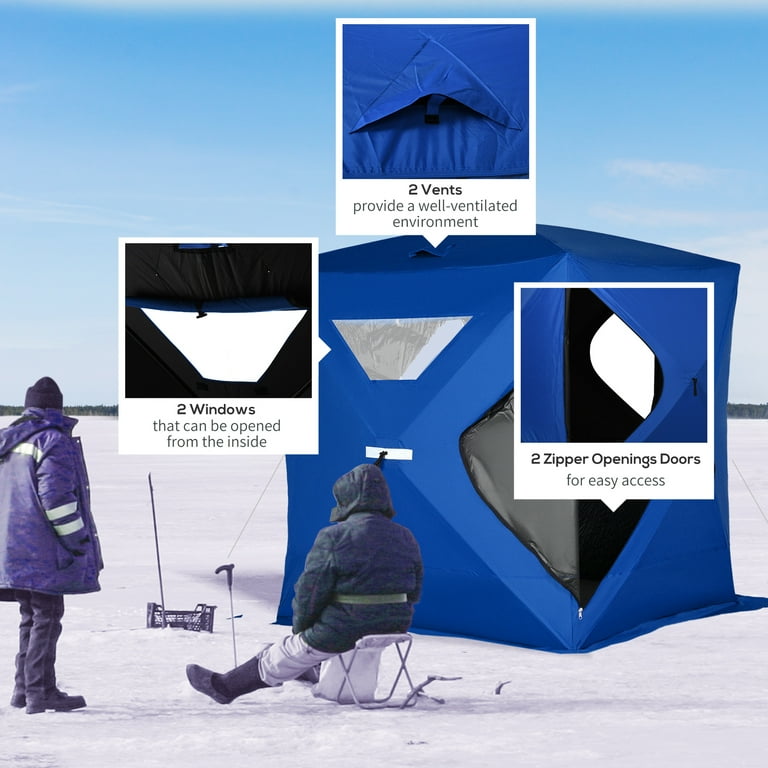 Outsunny 4 Person Ice Fishing Shelter, Waterproof Oxford Fabric Portable Pop-Up Ice Tent with 2 Doors for Outdoor Fishing - Blue