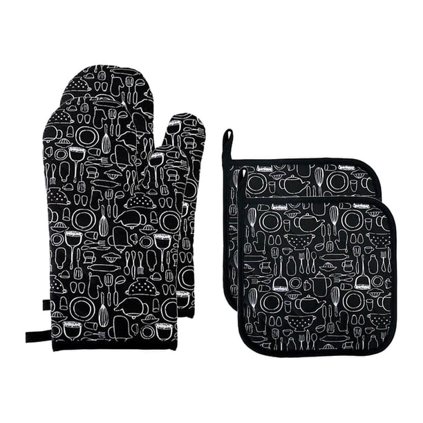 Guantes de horno portátiles, juegos de manoplas y agarraderas para horno, guantes para hornear duraderos y colgantes Negro