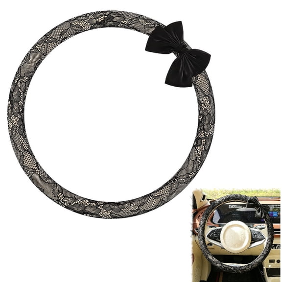 Lace Steering Wheel Cover 15 Inch, Lace Steering Wheel Cover with Elegant Black Bow-Knot Design, Non-Slip Universal Fit Car Wheel Cover for Women, Car Accessories for Driving Daily(RL)