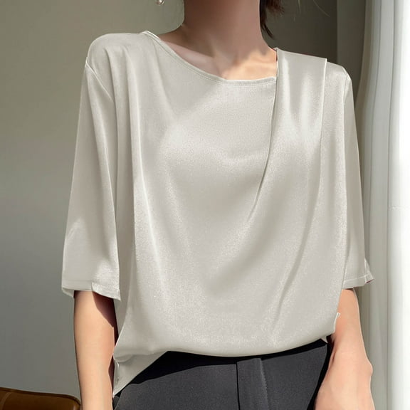 iHengLiXing Spring Tops for Womens Dressy Casual Fashion Women's Casual Solid Color 1/2 Sleeve Round-Neck Blouses Shirts Beige XXL