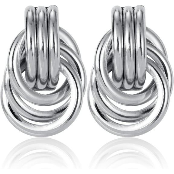 Silver Earrings,Silver Statement Geometric Dangle Drop Earrings for Women,Chunky Silver Knot Link Earrings Trendy Jewelry Gift