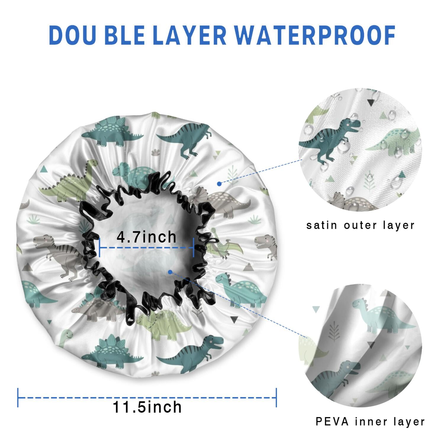 Shower Caps,White Cartoon Dinosaurs Triangles Plants Pattern Waterproof Shower Cap for Women 4 Pieces,Double Reusable Hair Cover for Shower PEVA Elastic Stretch Hem