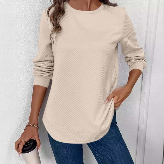Dxzfnsa Woman Casual Solid Color Long Sleeve Round Neck Jacket With Curved Hem Cute Tops for Women White-L