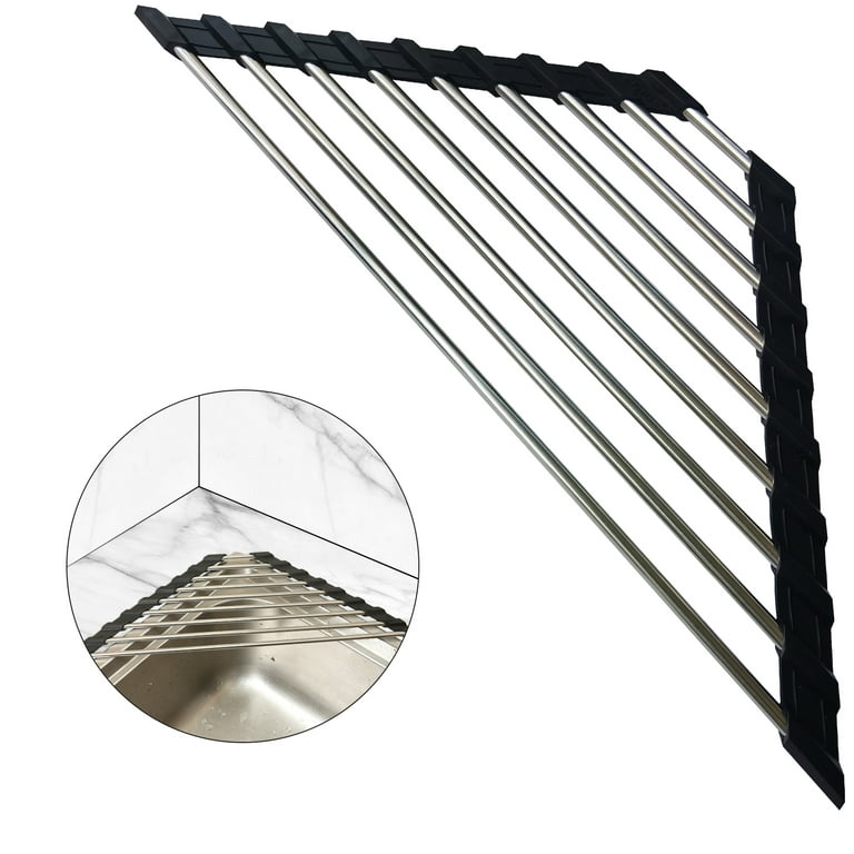 Triangle Dish Drying Rack for Sink Corner Roll Up Dish Drying Rack Folding  Stainless Steel Multipurpose Over The Sink Corner Dish Drainer Mat for  Kitchen（Black） 