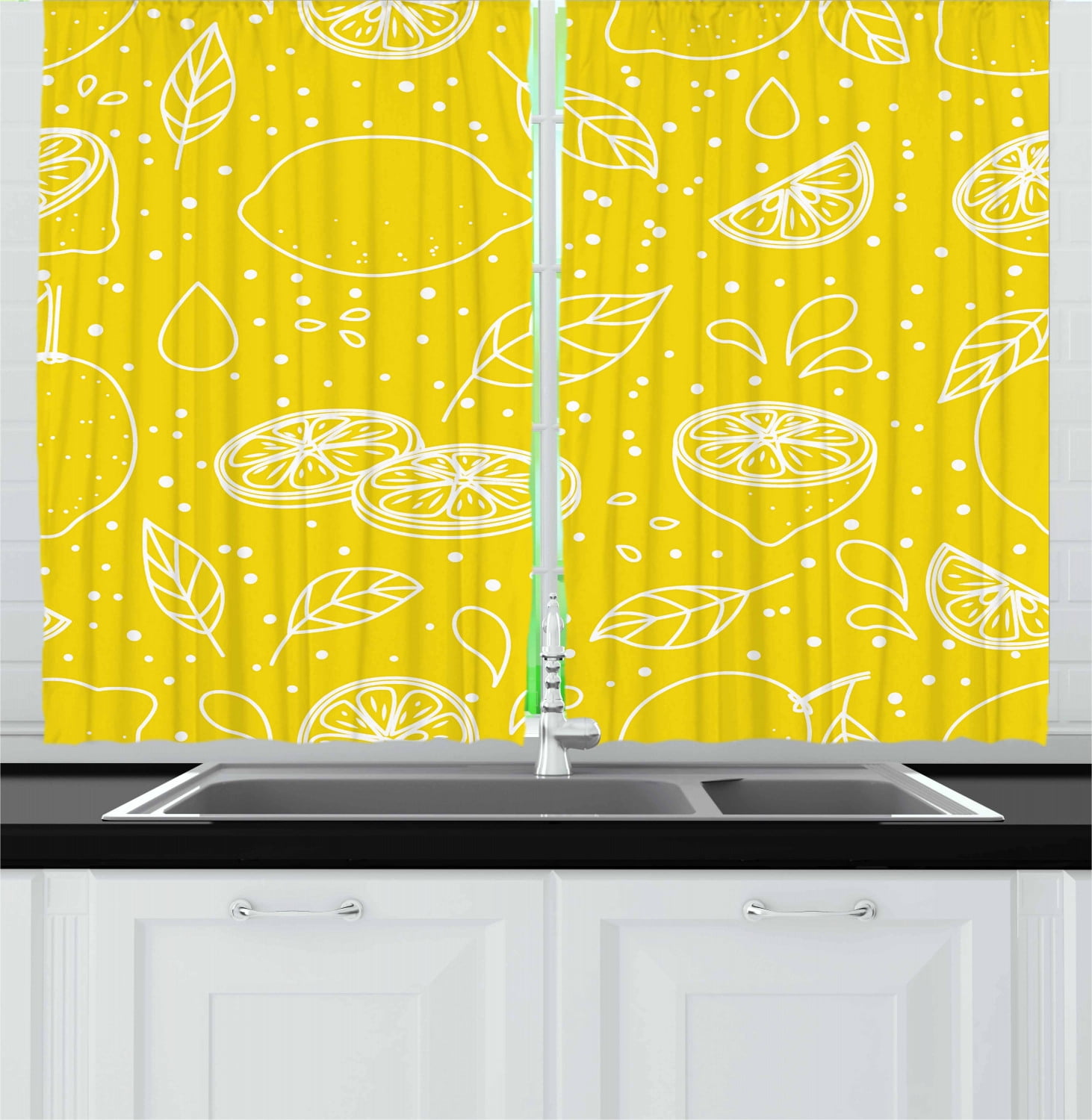 Yellow and White Curtains 2 Panels Set, Fresh Artistic Pattern Juicy Lemons Organic Citrus Ripe Fruit Vegetarian, Window Drapes for Living Room Bedroom, 55W X 39L Inches, Yellow White, by Ambesonne