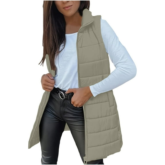 DAFPZW Long Puffer Vest for Women Hooded Zip Up Sleeveless Quilted Vests Outerwear Lightweight Puffy Jacket Trendy Coats