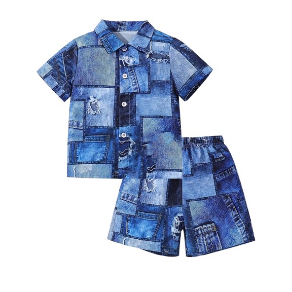 WIBACKER Baby Boy Summer Clothes Toddler Boys Denim Print 2Pcs Outfit Kids Short Sleeve Button Down Shirt & Shorts Set