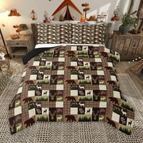 Homewish Safari Deer Bear Queen Comforter Set,Woodland Animal Bedding Sets,Patchwork Geometric Checkered Bedding Comforter Set For Men Women,Microfiber Bedroom Decor Reversible,3 Pieces