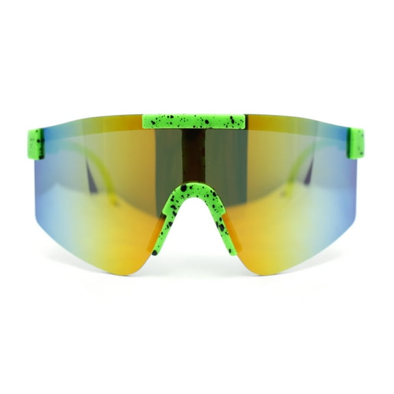 Boys Kids Size 80s Paint Splatter Oversize Rimless Sport Plastic Sunglasses Green - Orange Mirror