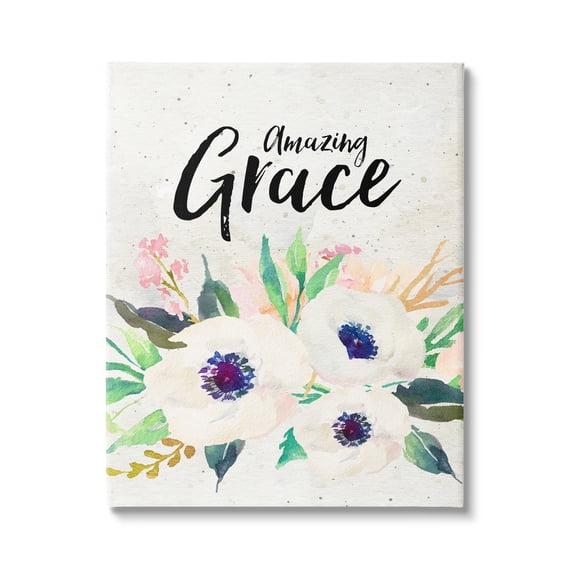 Stupell Industries Amazing Grace Calligraphy White Flower Blossom Botanicals Canvas Wall Art, 36 x 48, Design by Amy Brinkman