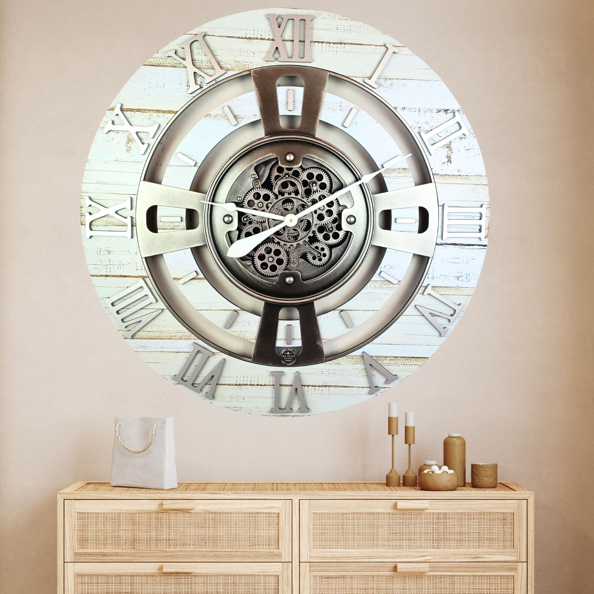 THE GEARS CLOCK Wall Clock with Real Moving Gears EN-LI_ 36 in Round Desert-Beige