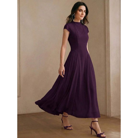 Bold Plum Womens Elegant High Neck Cap Sleeve A-Line Pleated Floor-Length