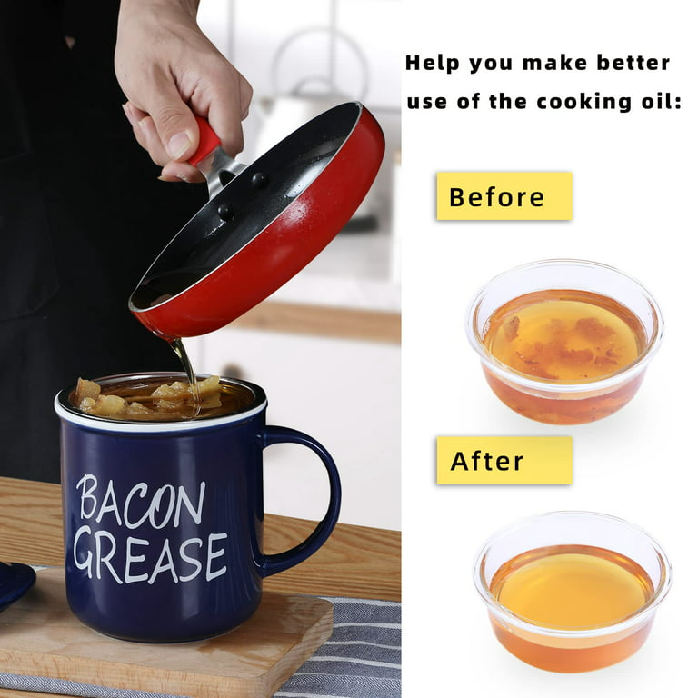 Ceramic Bacon Grease Container Keeper with Strainer,Navy 