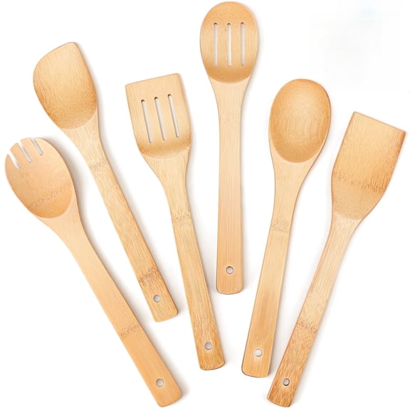 6 Pack Bamboo Cooking Utensils Set, Non-scratch Kitchen Spoons & Spatulas