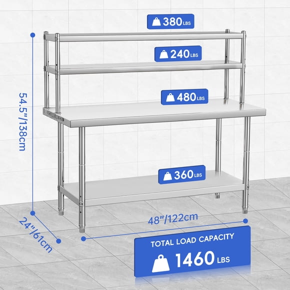Heavy Duty Stainless Steel Work Table - NSF Certified Office Desk with Overshelf, Adjustable Shelf & Hooks - Ideal for Commercial, Restaurant, Home, Hotel