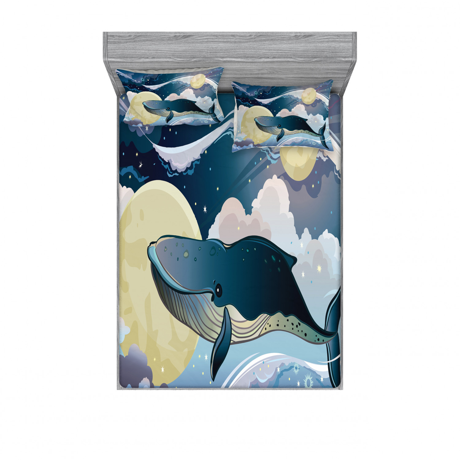 Whale Bedding Set with Sheet & Covers, Cartoon Style Huge Whale Flies over the Night Clouds with