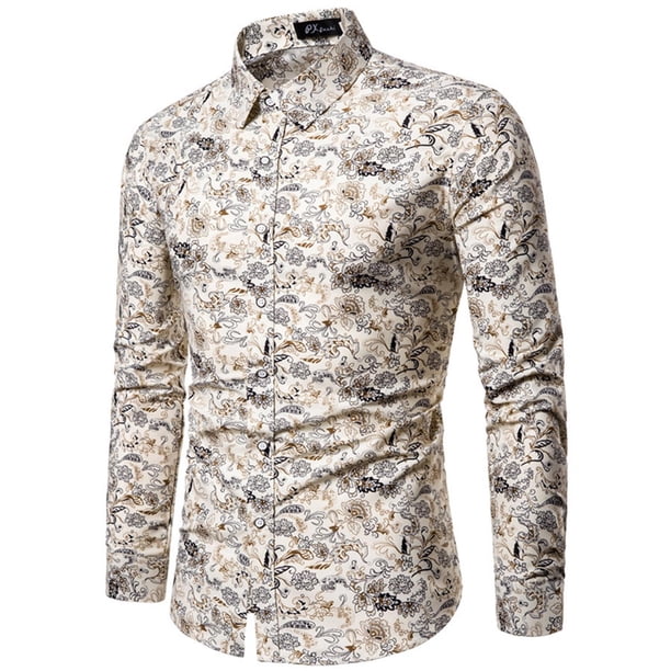 Blusa y camisa de manga larga con cuello vuelto para hombre, informal, con estampado de rosas, botones, manga larga, cuello vuelto, blusa de poliéster para hombre