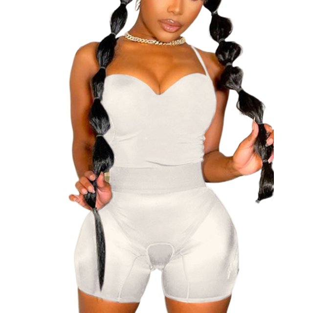 SAYOO Ropa de mujer Conjunto de dos piezas, Body sin mangas con correa ajustable para el hombro Pantalones cortos transparentes a juego SAYOO Moda