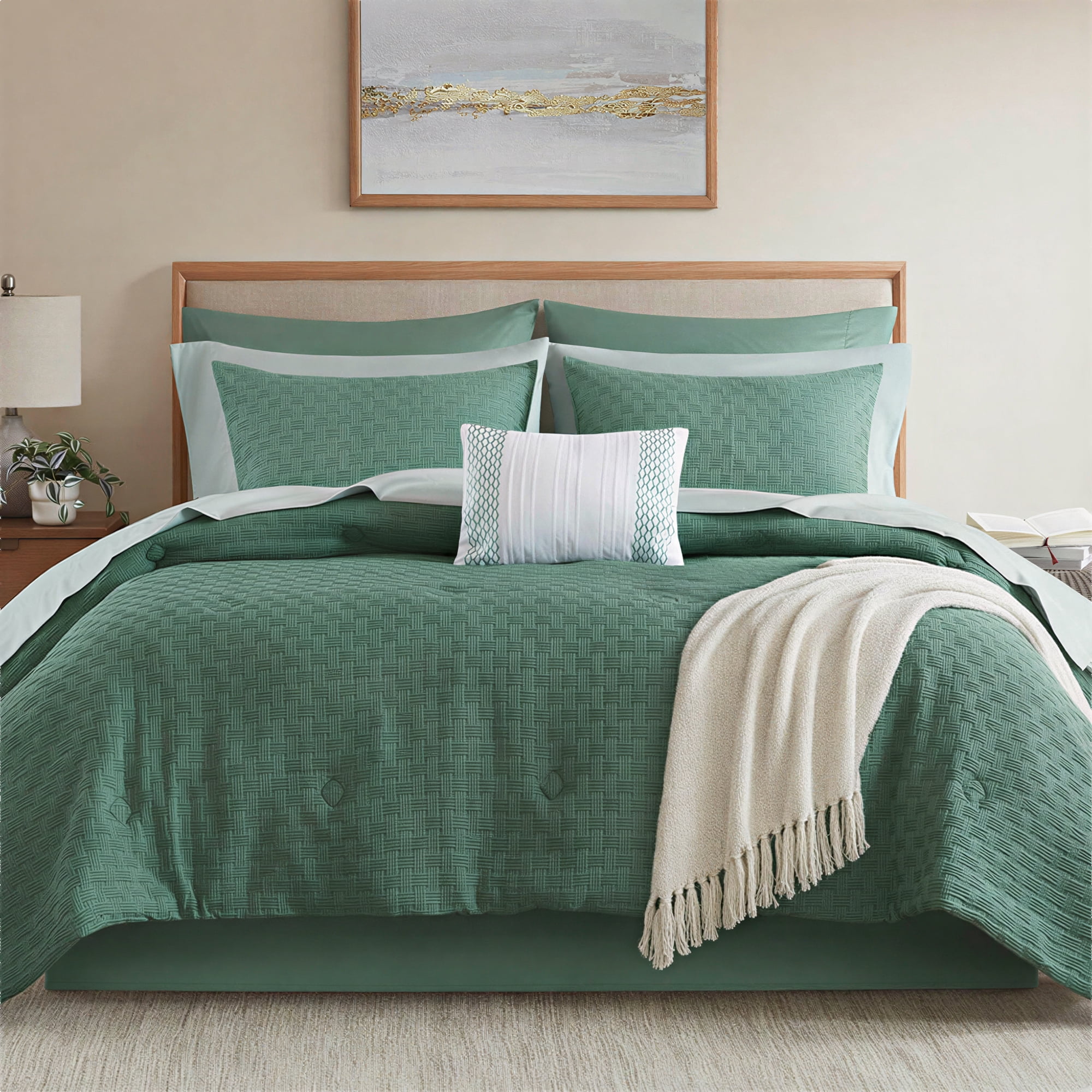 Mainstays Reversible 11-Piece Bed-in-a-Bag Comforter Set with Sheets, Full, Green Basketweave