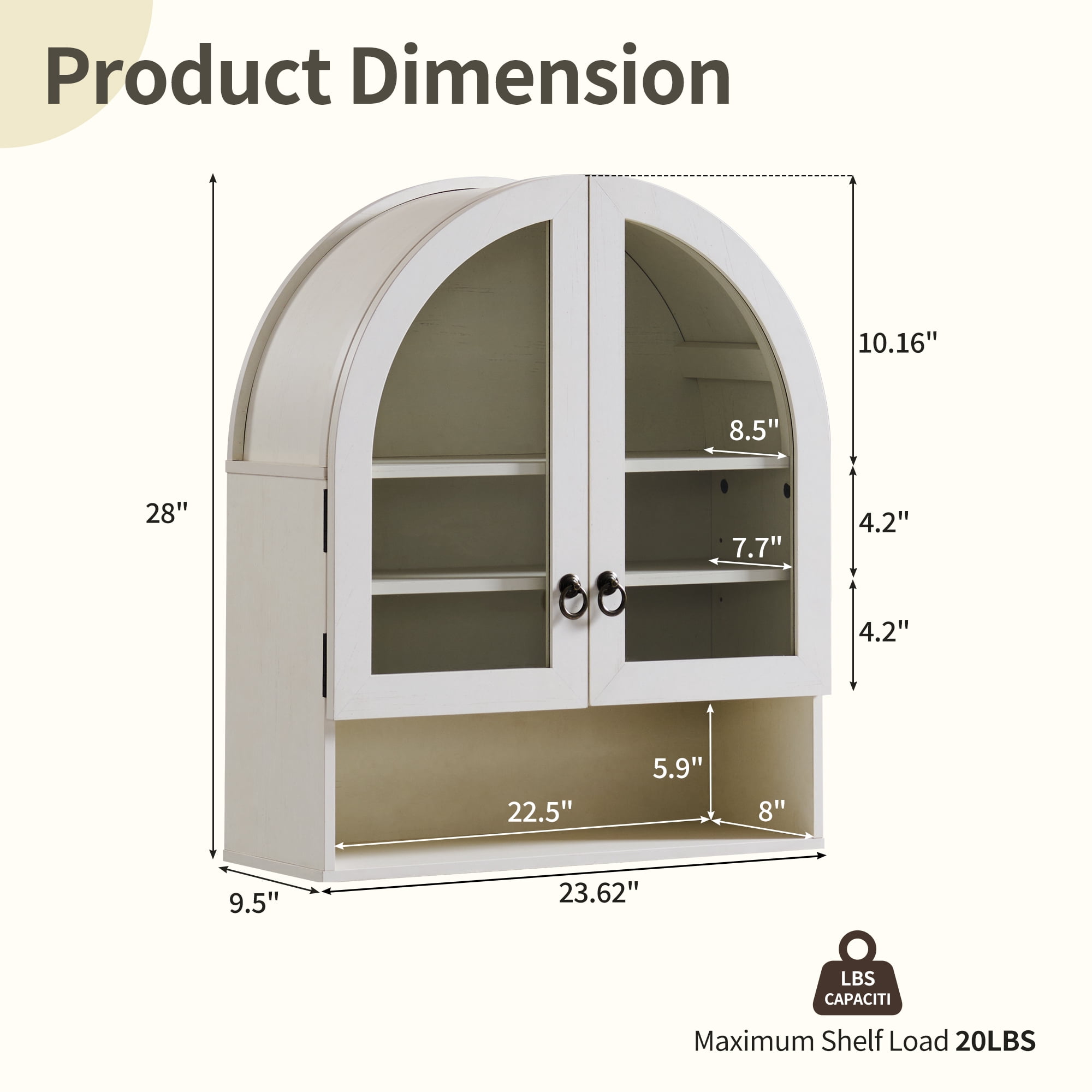 SinCiDo Arched Wall Cabinet Set of 2 with Adjustable Shelves & Glass Doors, White