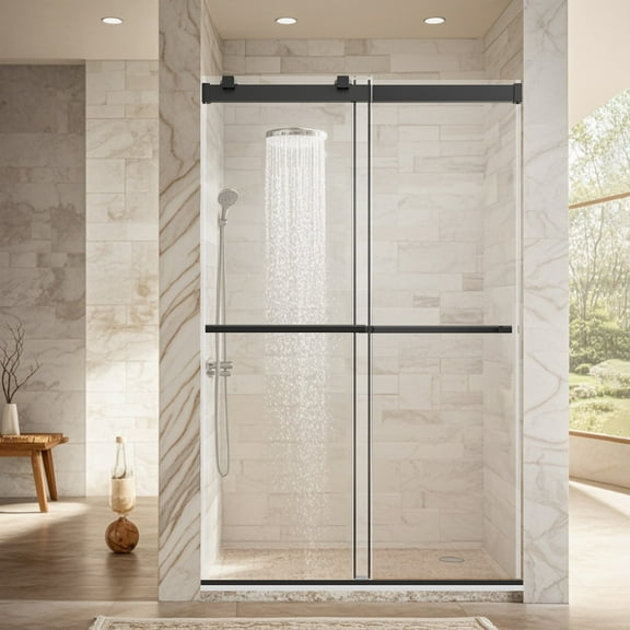 46-48" W * 76" H Frameless Double Sliding Soft-Close Shower Door, Bathroom Sliding Shower Door, 5/16" (8mm) Thick SGCC Tempered Glass Door, Matte Black