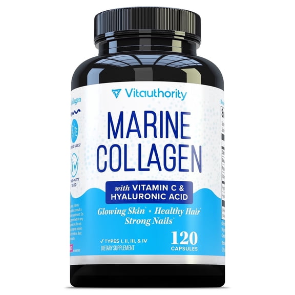 Marine Collagen Capsules Hyaluronic Acid & Vitamin C | Skin Elasticity, Hydration, Hair, Nail & Joint Support | Pescatarian-Friendly 30 Servings