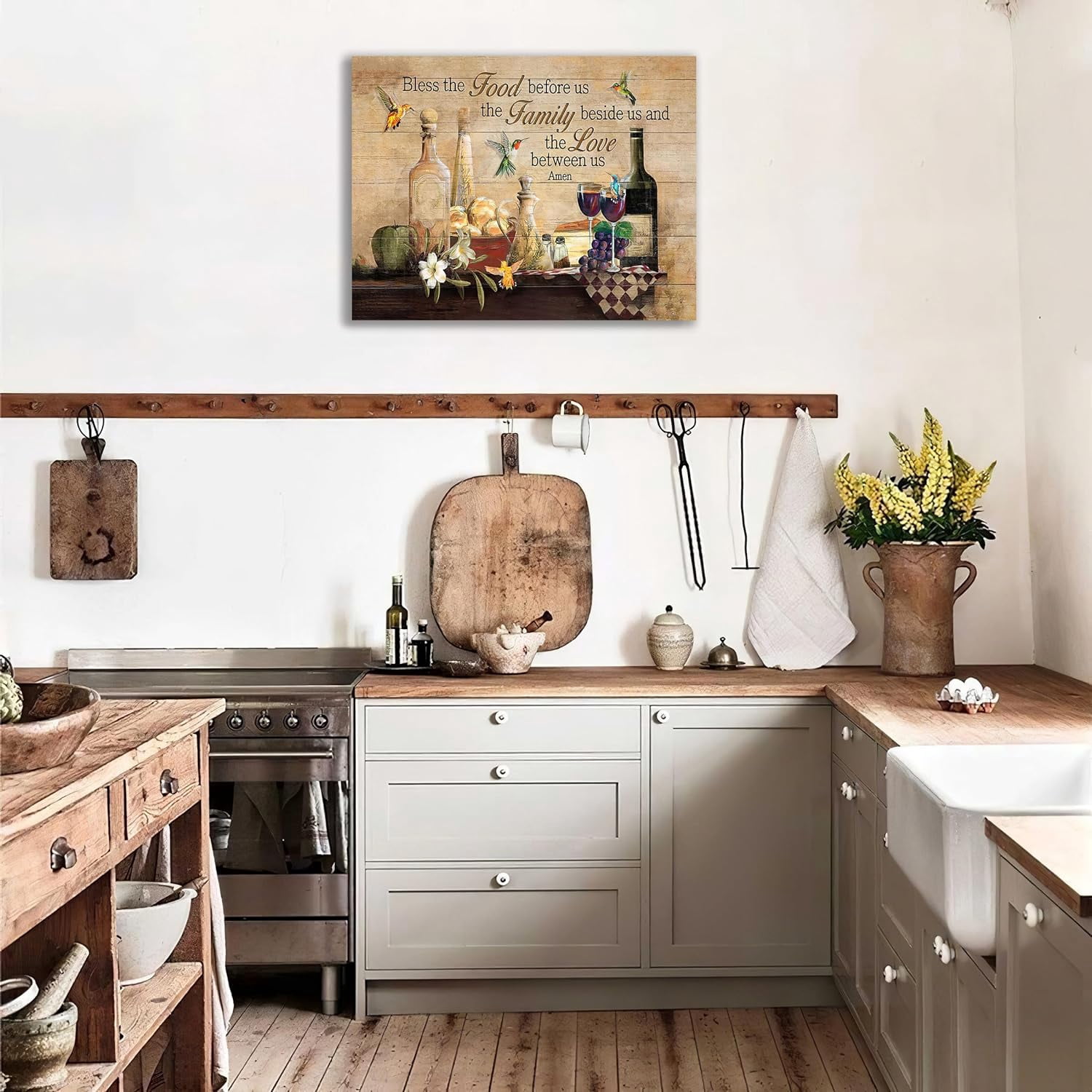 Red Wine Wall Art Rustic Kitchen Pictures Wall Decor Vintage Blessed Christian Canvas Farmhouse Hummingbirds Painting Prints Framed Artwork for Kitchen Dining Room Restaurant 12"x16"