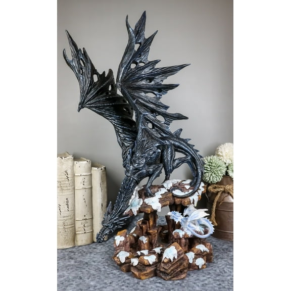 Ebros Large Dark Dragon with Frozen Ice White Baby Hatchling Statue 18.5" Tall