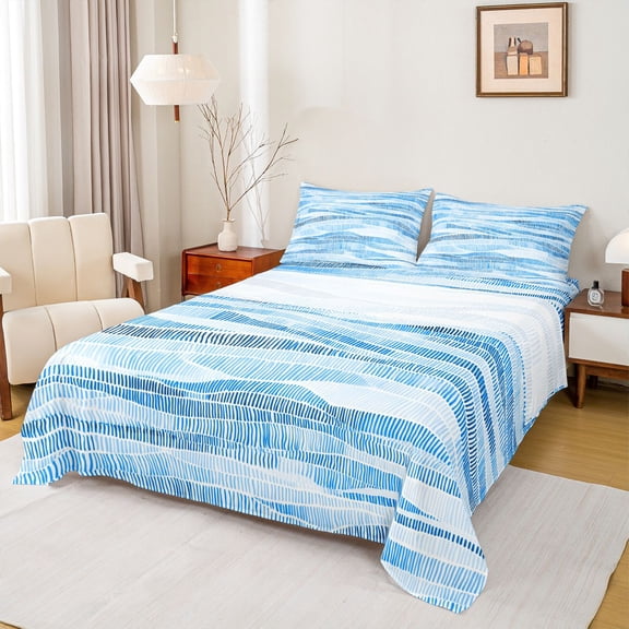 Castle Fairy Boys Girls Abstract Blue Stripes Twin Sheet Sets,Geometric Lines Bedding