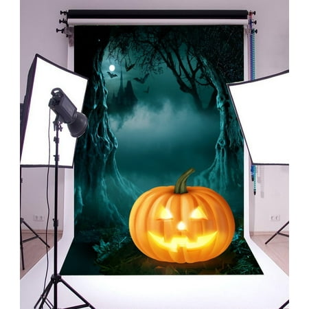 Image of HelloDecor Backdrop 5x7ft Photography Background Halloween Night Dark Smog Ghost Trees Grimace Pumpkin Lantern theme Portraits Background Backdrop for Video Photo Studio Props