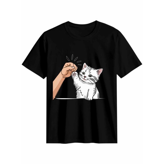 Women's T-Shirt Single Line Drawing Cute White Cat Line Short Sleeve Casual Tee Classic Crew Neck T Shirt for Women Black, M