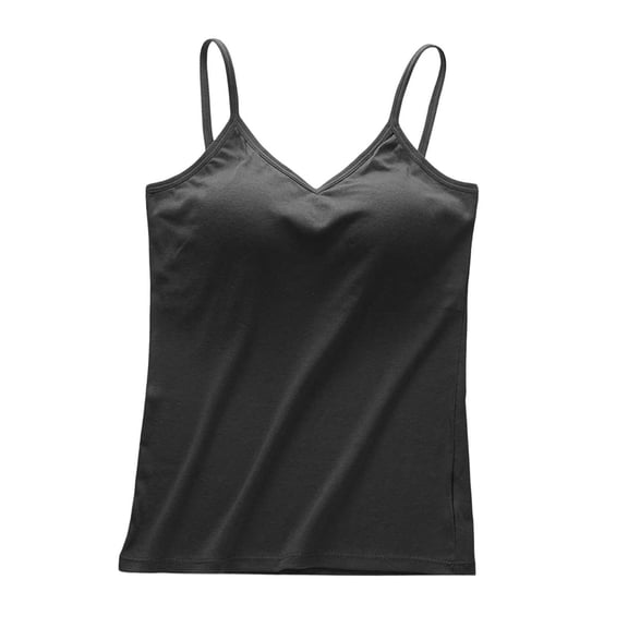 MGDXOX Women's V-Neck Cami Tank Top with Built-in Bra Thin Strap Sleeveless Blouse Supportive Casual Layering Top Black XL