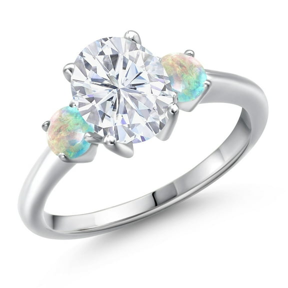 Gem Stone King 925 Sterling Silver White Moissanite and Simulated White Opal Engagement Ring for Women | 2.60 Cttw | Oval 9X7MM | Gemstone Birthstone | Size 5