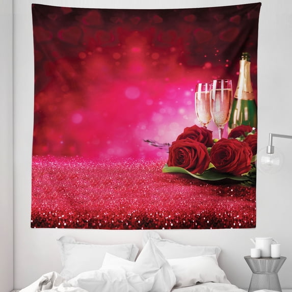 Romantic Tapestry, Valentine's Day Themed Champagne Glasses and Roses with Hearts Warm Colors, Fabric Wall Hanging Decor for Bedroom Living Room Dorm, 5 Sizes, Dark Pink Green, by Ambesonne