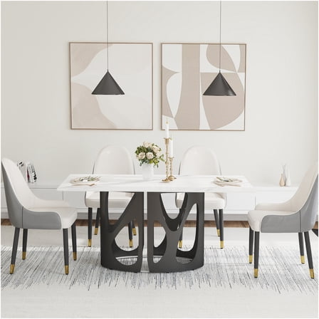 JERFIT Modern 63 inch Sintered Stone Dining Table for 6 Person with Black Metal Legs, Scratch Resistant White Kitchen Table