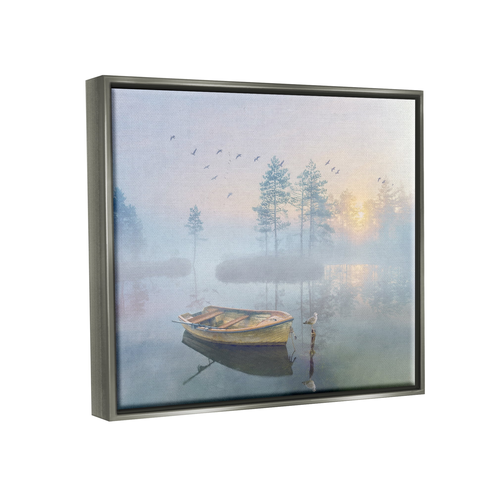 Stupell Dinghy Boat Foggy Pond Reflection Landscape Painting Gray Floater Framed Art Print Wall Art