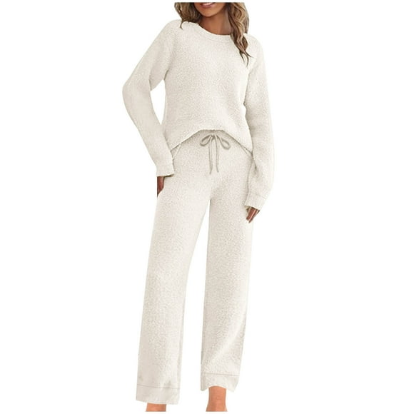 Women Casual Loose Printed Pocket Drawstring Pants Long Sleeve Round-Neck Tops Set Jogger Tracksuit Set S-143 Beige M