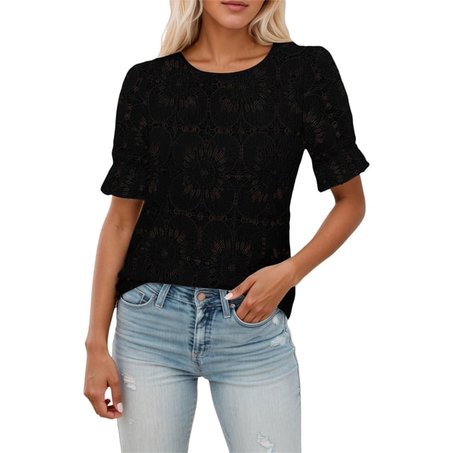 Blusa con mangas abullonadas y ojales para mujer - Viscosa y nailon, bordada con encaje, verano