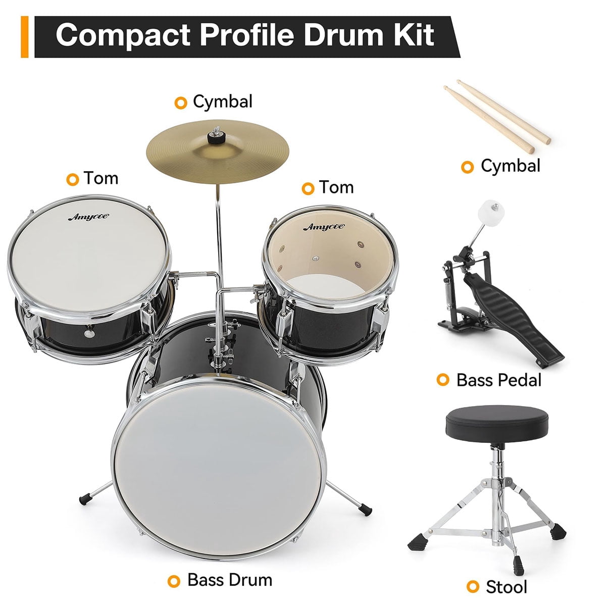 Danolapsi 3 Piece Kids Drum Set with Cymbal, 2 Drumsticks, Pedal, 2 Tom,Beginner Junior Drum Kit with Throne Stool, Musical Instruments for Boys and Girls