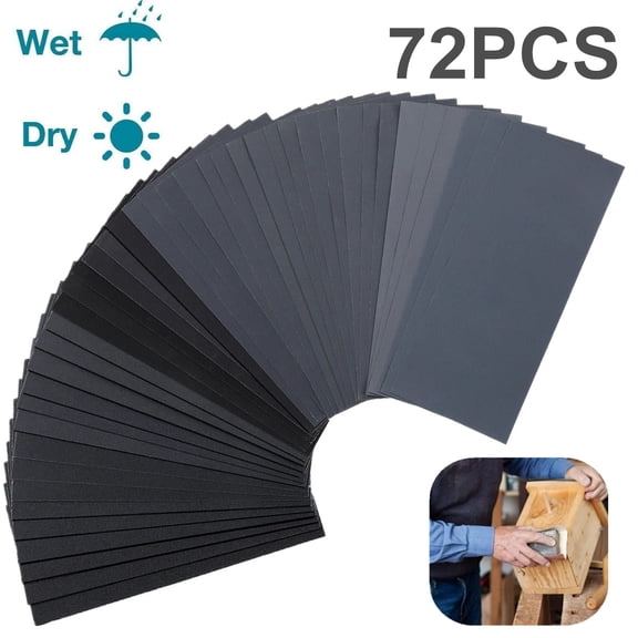 72‑Piece Multi-Grit Sandpaper Set for Wood, Metal & Auto, Wet or Dry Sanding Sheets, Assorted Grits for Polishing, Finishing, Painting, DIY, Carpentry, Automotive & Industrial Use