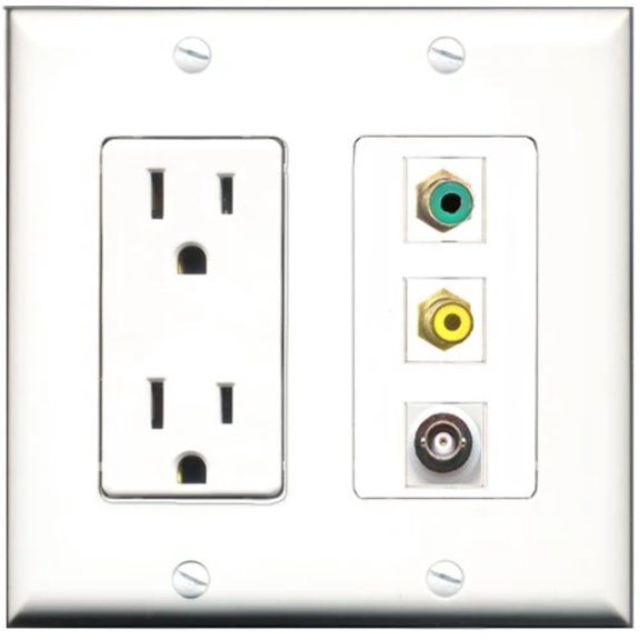 RiteAV - 15 Amp Power Outlet 1 Port RCA Yellow 1 Port RCA Green 1 Port BNC Decorative Wall Plate