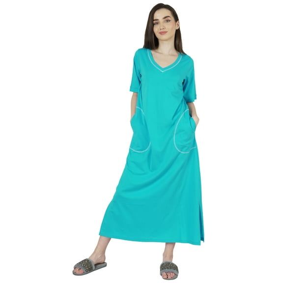 Inkmeso Solid Long Nightgown For Womens V-Neck Loungewear Casual Sleep Dress With Pockets