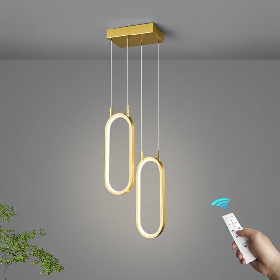 Gold Kitchen Pendant Light LED Oval Chandelier 2 Rings Pendant Light Fixture for Kitchen Island Dining Room Living Room Bedroom