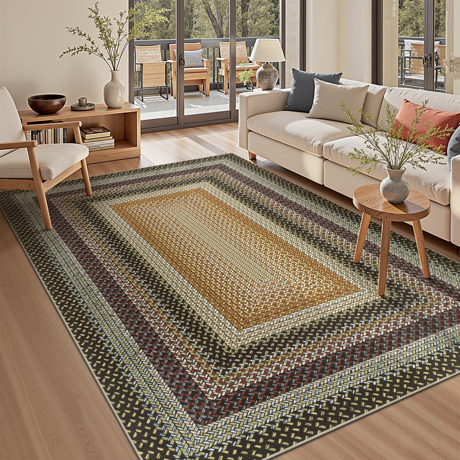Braided Jute Print Area Rug Washable Non-Slip Pet Friendly Carpet with Concentric Design, Stain Resistant for Living Room, Bedroom & Home Office