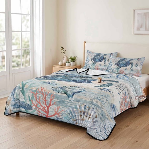 king Quilt Bedding Set, Retro Sea Turtle Gradient Coral Lightweight Coverlet Summer Comforter Set Soft Microfiber Bedspread, Summer Ocean Shell 3 Piece Quilt Set with 2 Pillow Shams All Seasons Use
