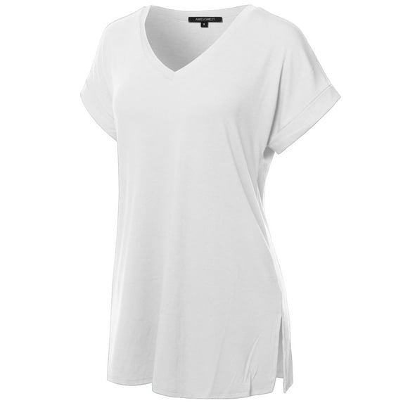 FashionOutfit Women's Solid Rolled Up Short Sleeve Over-Sized V-Neck Tunic Top