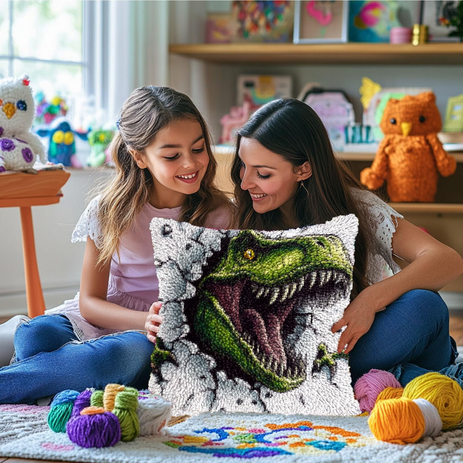 DIY Latch Hook Pillow Kits Green Dinosaur Printed Pillowcase Crochet Yarns Hooking Handmade Pillow Cover Cushion for Home Sofa Decoration 17x17inch-6