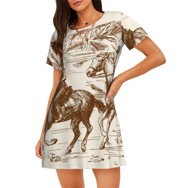 Balery Western Desert Cowboys1 Camisón de manga corta con cuello redondo para mujer, cómodo y elegante.