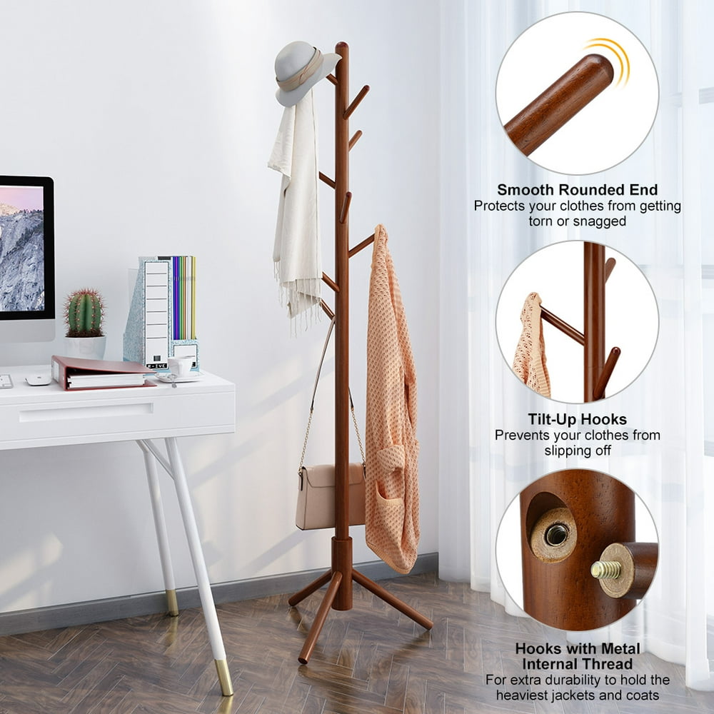 LANGRIA Wooden Coat Rack Stand, Coat Hat Rack with Tripod Base and 8 ...