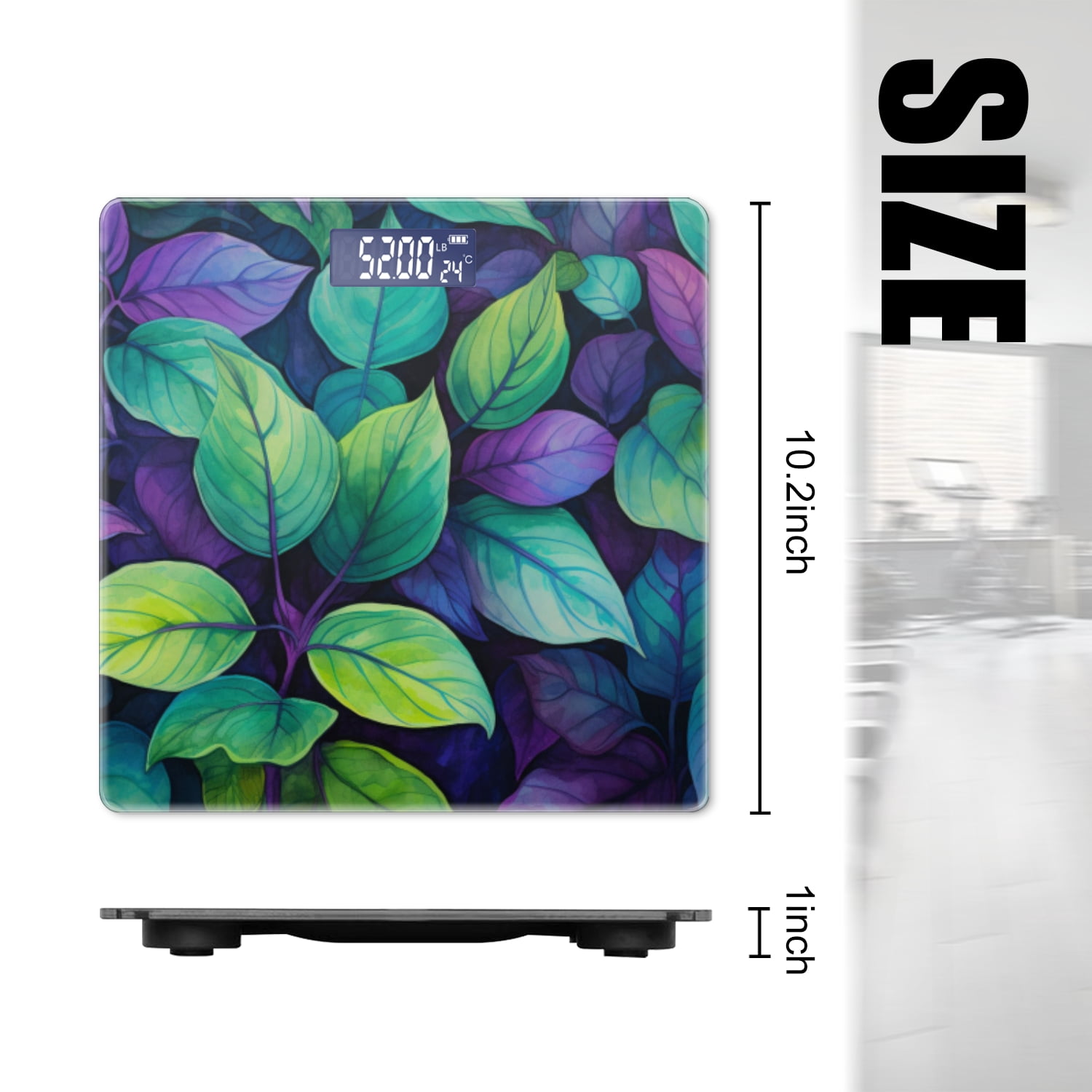 High Precision Body Weight Scale Smart Bathroom Scales with Large LCD Display(400lbs),Decorative for Bedroom-Watercolor Painting Of Vibrant Green And Purple Leaves